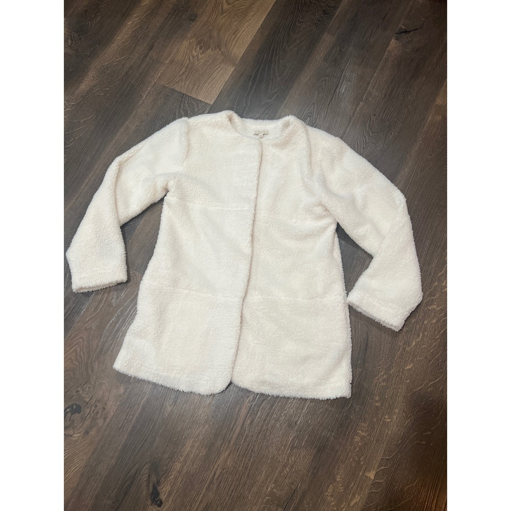 KATE & SAM Cream Fuzzy Teddy‎ Coat Jacket Size S snap Front Long Sleeve Cozy